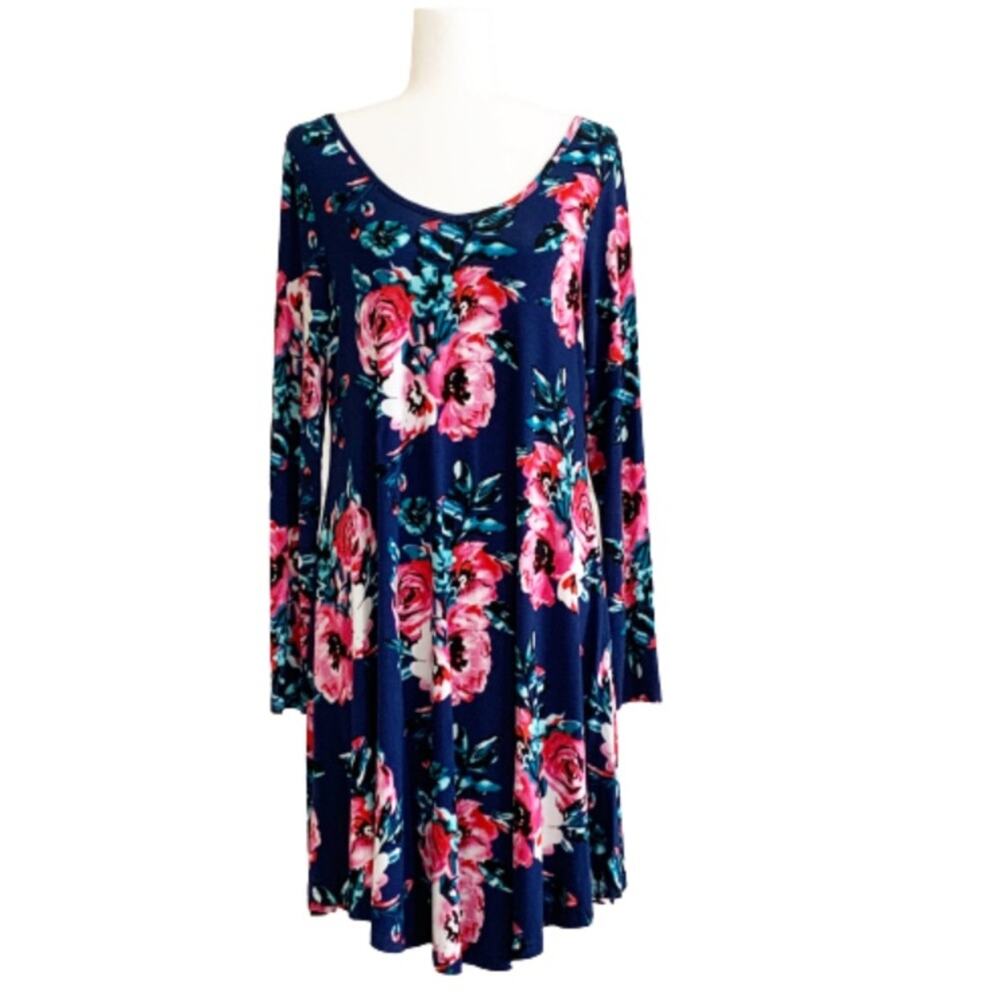 Dearcase Dress Blue Pink Floral Jersey Long Sleeve V-Neck Swing Dress Large NEW